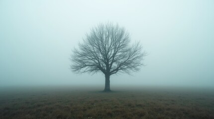 Isolated bare tree in a foggy field