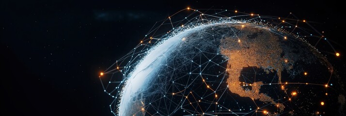 Global IP video tech illustration. Earth model shows data transfer connections. International communication network. Innovative tech. Global bandwidth tech. Modern tech for global video. Advanced ip