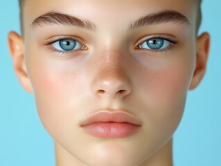 Closeup Portrait of Young Woman with Blue Eyes and Freckles