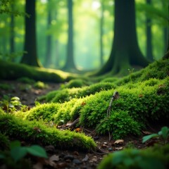 Lush moss blankets the forest floor, hiding roots and branches, foliage, woodland, verdure