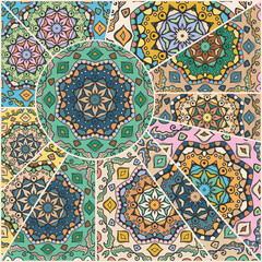 Vector patchwork quilt pattern. Vintage decorative collage. Hand drawn background. Indian, Arabic, Turkish motifs for printing on fabric or paper. Abstract colorful doodle pattern in mosaic style