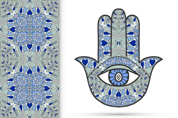 Boho hamsa hand, protection amulet, symbol of strength and happiness with seamless geometric pattern. Abstract graphic background, vertical floral doodle pattern, vector illustration