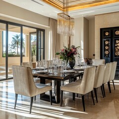 A lavish dining room setting features an opulent chandelier, elegant table, and plush chairs, beautifully lit by natural light through expansive glass doors creating ambiance.