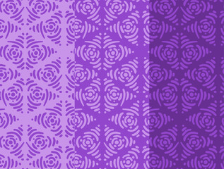 A collection of seamless ornamental patterns in various shades of purple, featuring symmetrical swirling shapes and decorative elements. Perfect for textiles and design projects.
