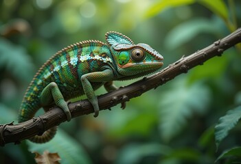 A vividly colored chameleon is perched on a dark brown branch amidst a verdant tropical setting.