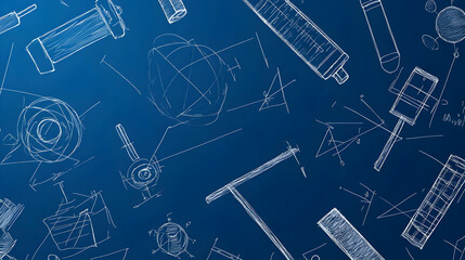 Blueprint sketches of various machine parts; engineering design background