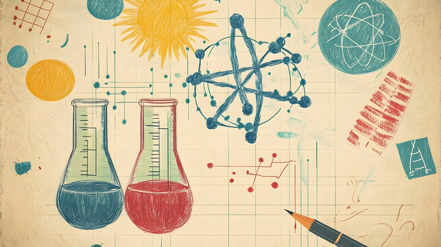 Science experiment sketch on notebook, atomic model,  research background