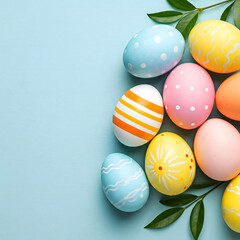 Fototapeta premium Colorful Easter eggs with various patterns, including stripes, dots, and floral designs, arranged on a light blue background with green leaves Generative AI