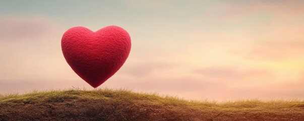 Fototapeta premium A symbolic red heart on a hill with a serene sunset background, symbolizing love.