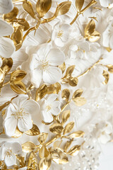 Close-up of elegant white and gold floral decorations with intricate details.