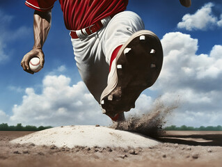 A runner narrowly beating a throw to first base, his foot hitting the bag as the ball arrives.


