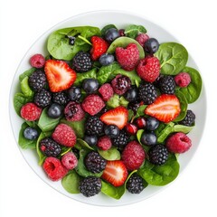 Obraz premium A refreshing mixed berry salad with spinach and balsamic glaze, isolated white background, abstract art style