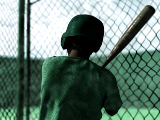 A young player practicing swings in a batting cage, the metal netting framing the scene.


