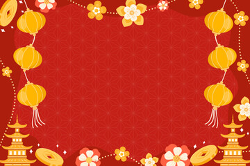 Happy Chinese New Year, Greeting Card Vector on Vibrant Fun Colorful Background. Lunar New Year Calendar with  Yellow Lantern, Gold Coin, Flower and  Asian Temple Ornament