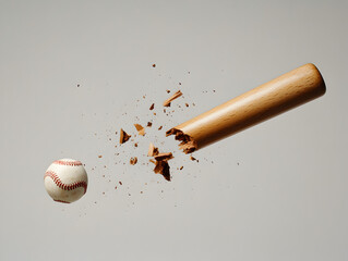 A baseball bat cracked in half mid-swing, the pieces flying dramatically as the ball soars away.



