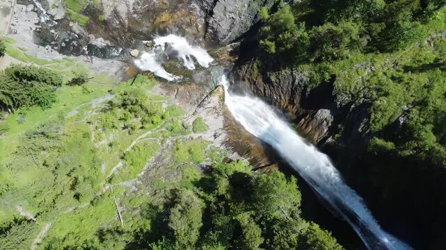 Aerial view of Cascade du Rouget (Rouget Waterfalls) in Sixt-fer-a-cheval in Haute-Savoie France