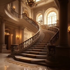 A grand spiral staircase adorned with exquisite railings and carpet leads to the upper floors of an opulent mansion, under a majestic crystal chandelier.
