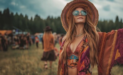 Fototapeta premium Carefree young woman enjoying outdoor music festival in boho attire with arms outstretched