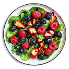 Obraz premium A refreshing mixed berry salad with spinach and balsamic vinaigrette, isolated white background, abstract art style