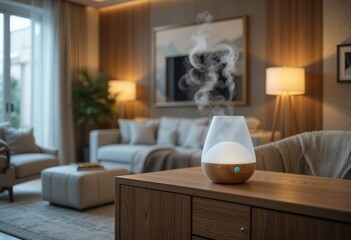 A modern aroma diffuser sits on a wooden side table in a dimly lit living room, emitting a calming mist.