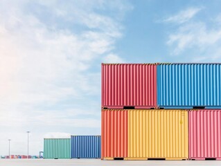 Obraz premium Colorful shipping containers stacked at busy dock. International cargo transport logistics central to photo. Shipping goods worldwide key focus. Vivid colors of containers stand out against clear