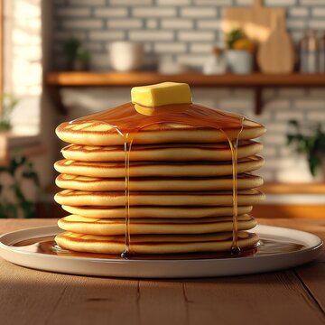 A mouthwatering stack of pancakes topped with butter, drenched in syrup, served in a cozy kitchen setting, perfect for breakfast enthusiasts.