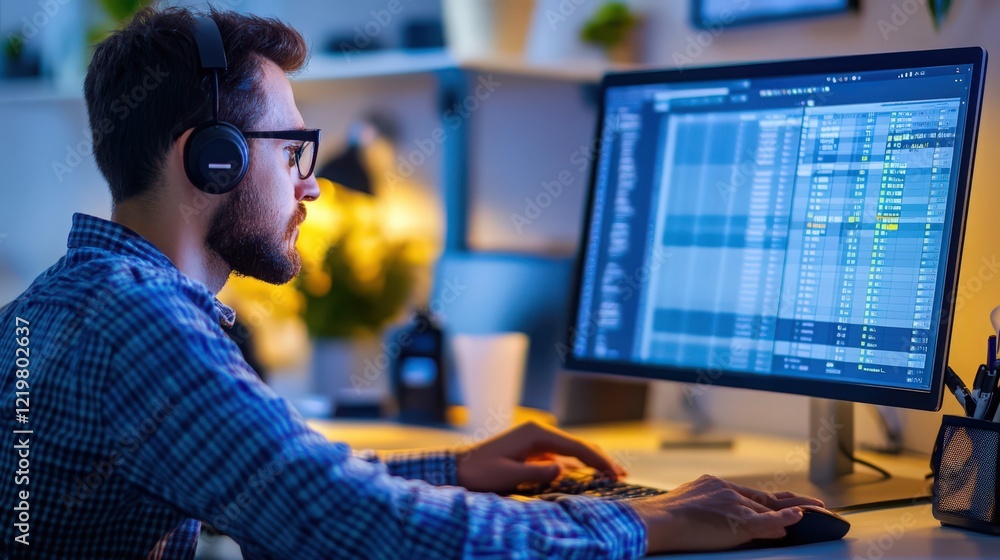 Poster man with headphones working on a computer at night in an office environment