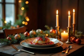 Cozy winter dinner with candles and evergreen, wood, holiday, dinner