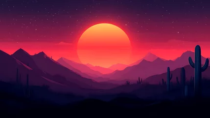 Fototapete Desert Sunset Landscape Vibrant Red Sky Mountains Cacti © tukang