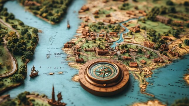 Detailed 3d Map with Compass Explore Nautical Adventure