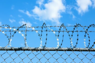 Razor barbed wire or concertina razor coil barrier security fence restricted security area in airport. Neural network ai generated