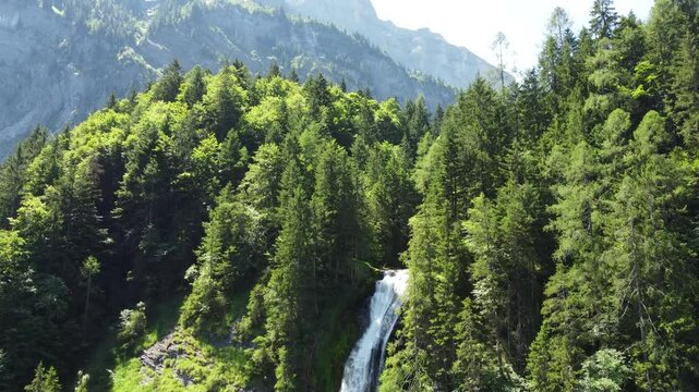 Aerial view of Cascade du Rouget (Rouget Waterfalls) in Sixt-fer-a-cheval in Haute-Savoie France
