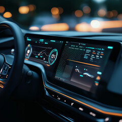 Futuristisches Auto-Cockpit mit modernem Display und urbaner Lichtkulisse

