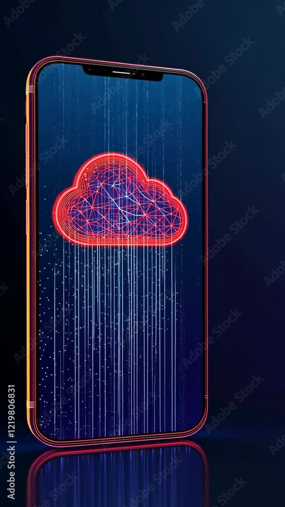 Poster bright neon cloud design displayed on smartphone screen with glowing lines and digital elements
