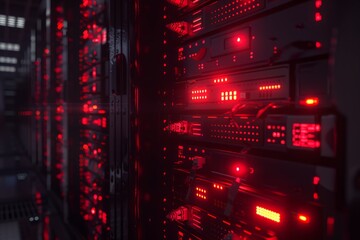 Shot of Data Center With Multiple Rows of Fully Operational Server Racks. Neural network ai generated