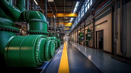 Fototapeta premium Industrial hallway with green machinery and pipes.