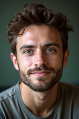 Obraz premium A young man with curly hair and a beard smiles gently while sitting in a cozy space, creating a friendly atmosphere with natural light - Generative AI