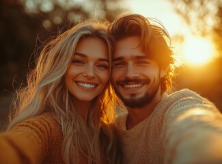 Obraz premium Couple taking selfie at sunset with warm light and hugs for romantic memory date anniversary