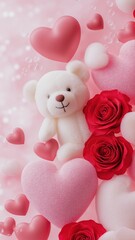 Valentine Teddy Bear with Hearts and Roses.
