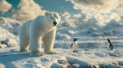 Arctic animals, polar bear and penguins, snowy landscape, 3d illustration. Arctic Tundra. Illustration