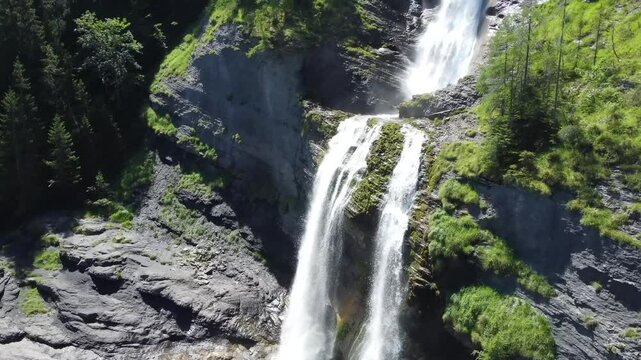 Aerial view of Cascade du Rouget (Rouget Waterfalls) in Sixt-fer-a-cheval in Haute-Savoie France