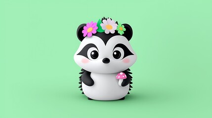Obraz premium Adorable Cartoon Hedgehog With Floral Crown And Mushroom