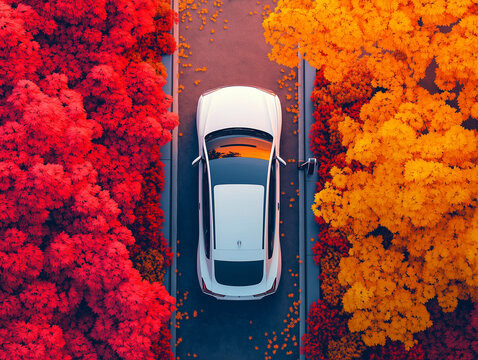 Herbstliche Parklandschaft mit Autos zwischen bunten B&auml;umen

