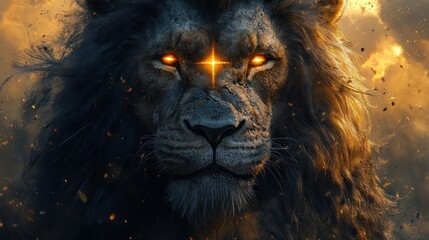 Naklejka premium Majestic Lion Face with Glowing Eyes and Cross Against Stormy Sky, Illustrating Faith in Jesus and Biblical Power