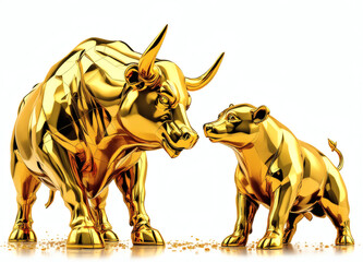 Obraz premium Gold bull and bear statues isolated on white, symbolizing stock market trends, financial growth, and decline. Perfect for investment concepts.