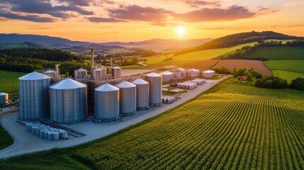 Aerial view of silos at sunset amidst lush green fields and rolling hills, showcasing agricultural industry