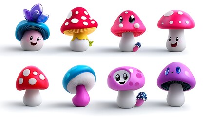 Collection Of Cute Cartoon Mushrooms 3D Render