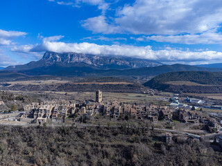 Aerial view of the medieval town of Ainsa. Aragonese Pyrenees. Huesca