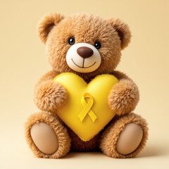 Obraz premium Close-up of a teddy bear holding a heart with a yellow ribbon, symbolizing childhood cancer awareness on a beige background.