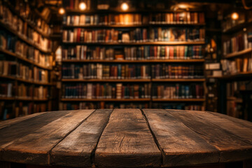 Wooden table with library full of books in the background